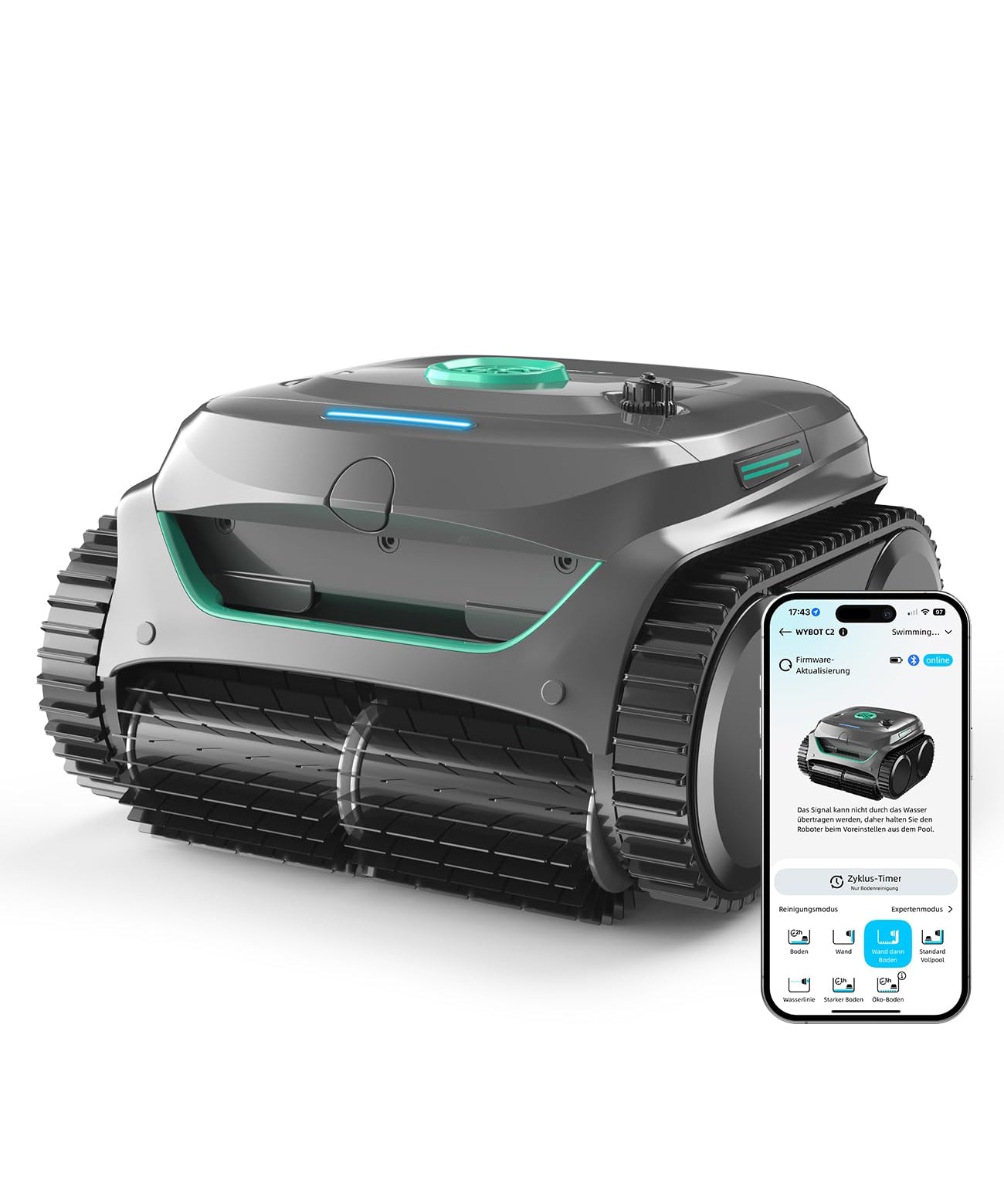WYBOT C2 Poolroboter Akku Boden und Wand für Einbaupools bis 150㎡, Doppelfiltration, 3-Fach Motor, Starke Saugkraft, Wandkletter & Wasserlinie, 183 Min, App(Schwarz-Grün B)