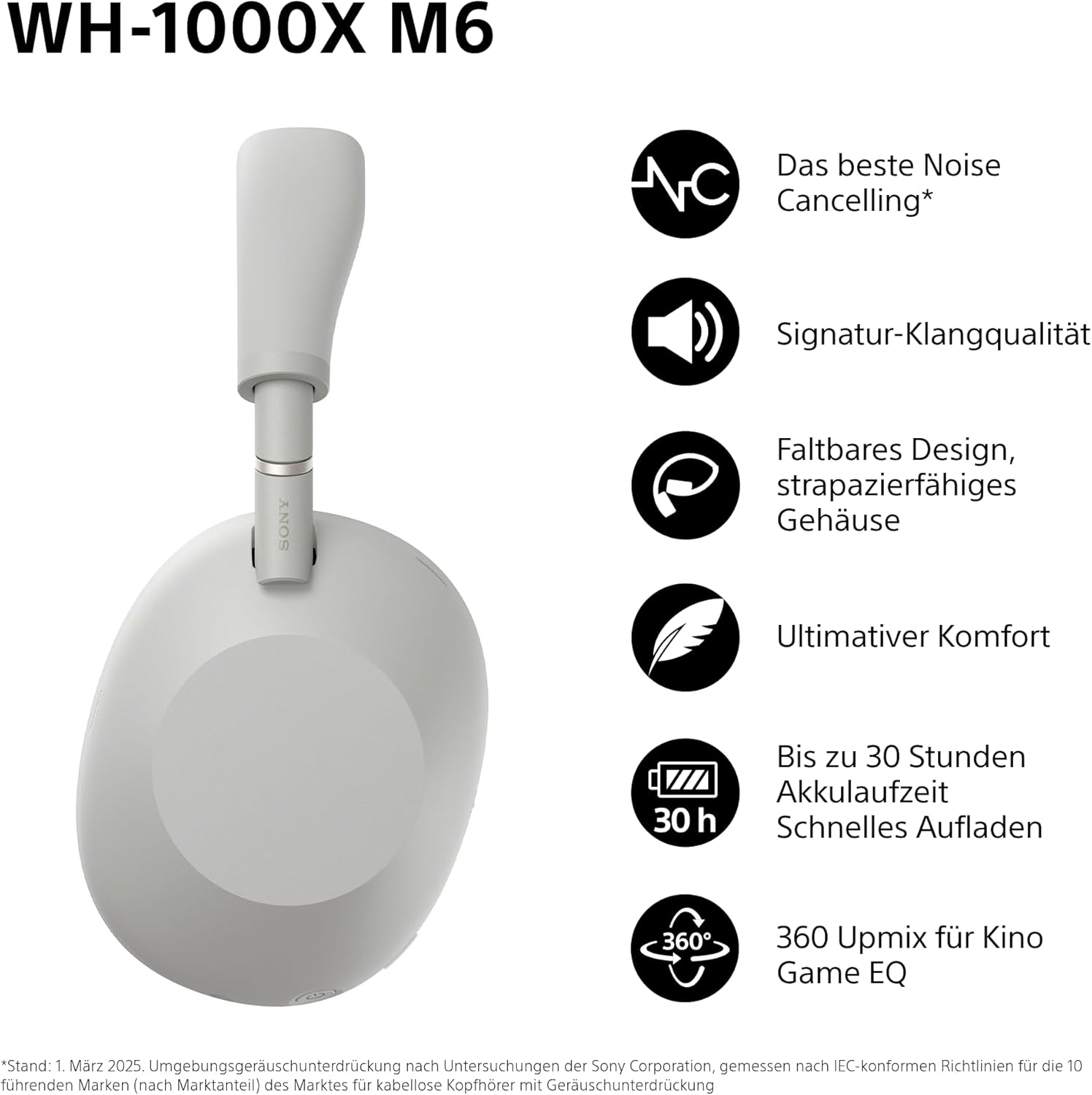 Sony WH-1000XM6 Over-Ear Noise Cancelling Kopfhörer: Hi-Res Sound, Komfort, faltbar, 30h Akku