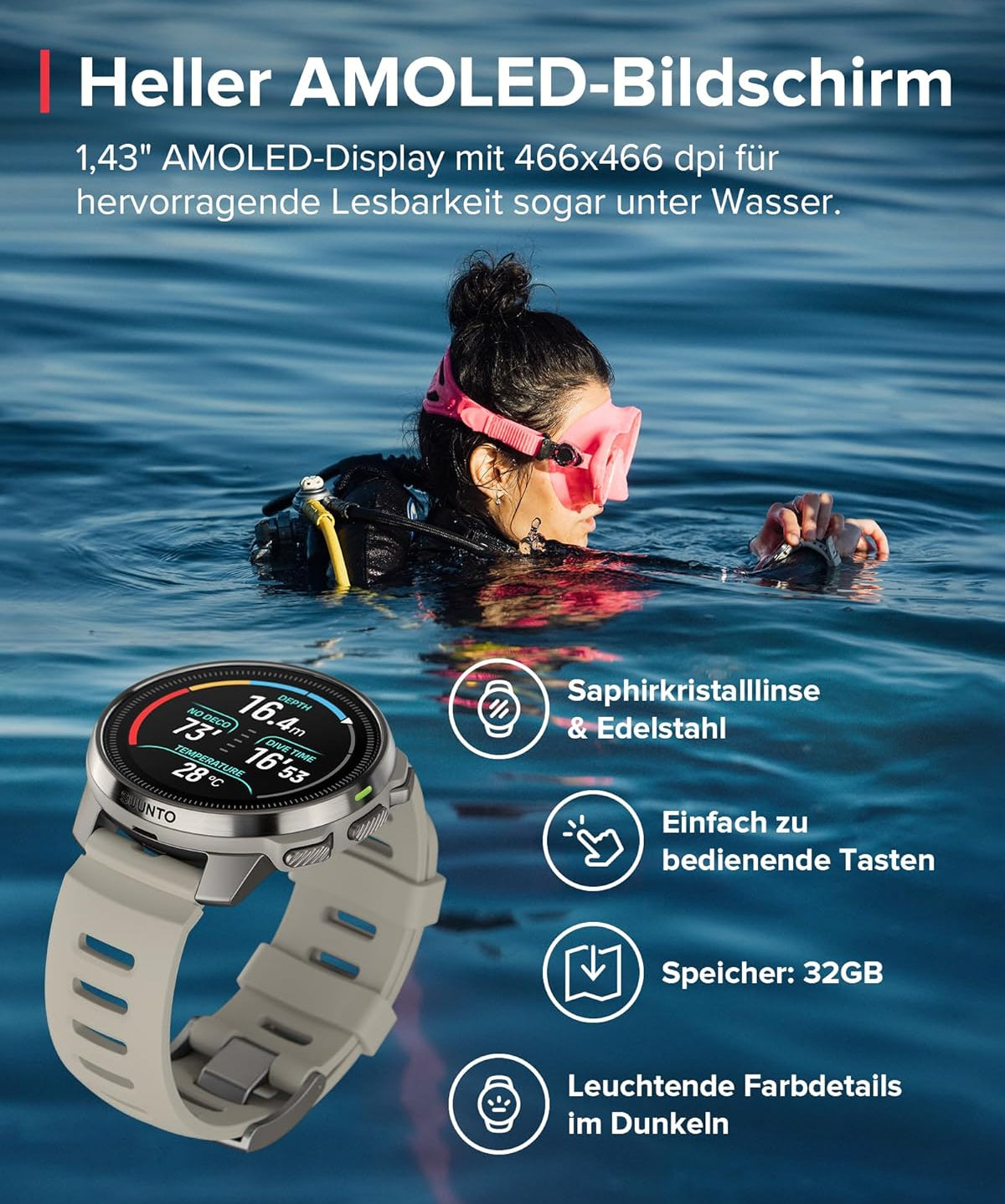Suunto Ocean AMOLED Tauchcomputer & Multisportuhr: 100m Wasserdicht, GPS, Offline-Karten, 40h